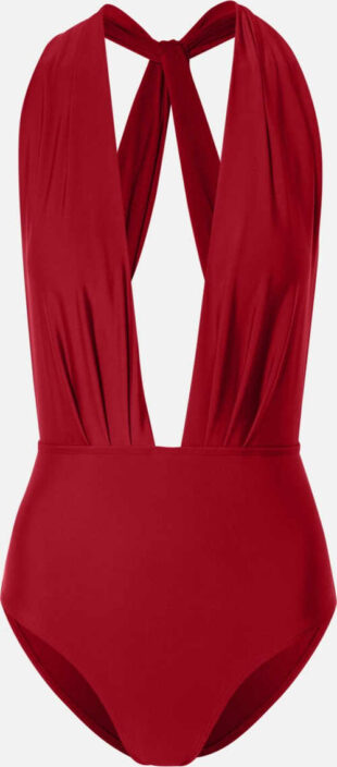 Piros női egyrészes fürdőruha alacsony nyakkivágással