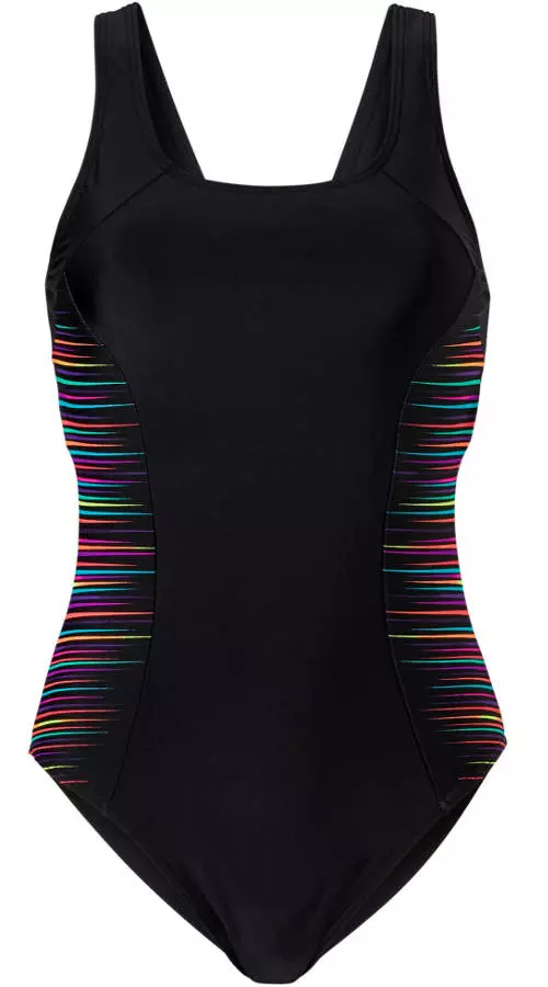 Fekete női fürdőruha kis színes csíkokkal