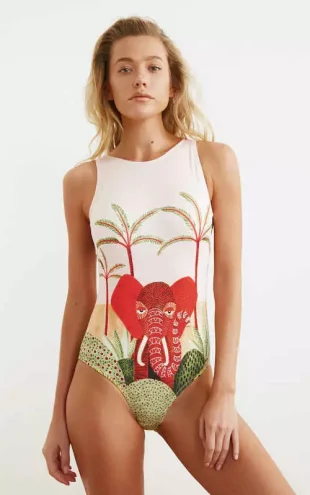Női egyrészes fürdőruha trópusi merész mintával