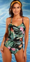 Női egyrészes fürdőruha trópusi mintával és integrált melltartóval